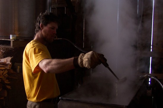 Sugaring: James boiling sap to make maple syrup at Full and By Farm. (Credit: Sara Kurak)