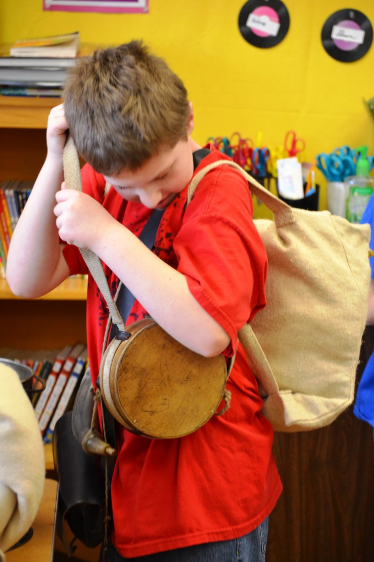 Students from Johnsburg Central School in North Creek, New York, participate in a “Soldier’s Life” in-classroom program from Fort Ticonderoga. Grant funding is available for fourth grade classrooms throughout the Adirondack Park and Vermont’s Addison County during the 2014-15 school year. (Credit: Fort Ticonderoga)
