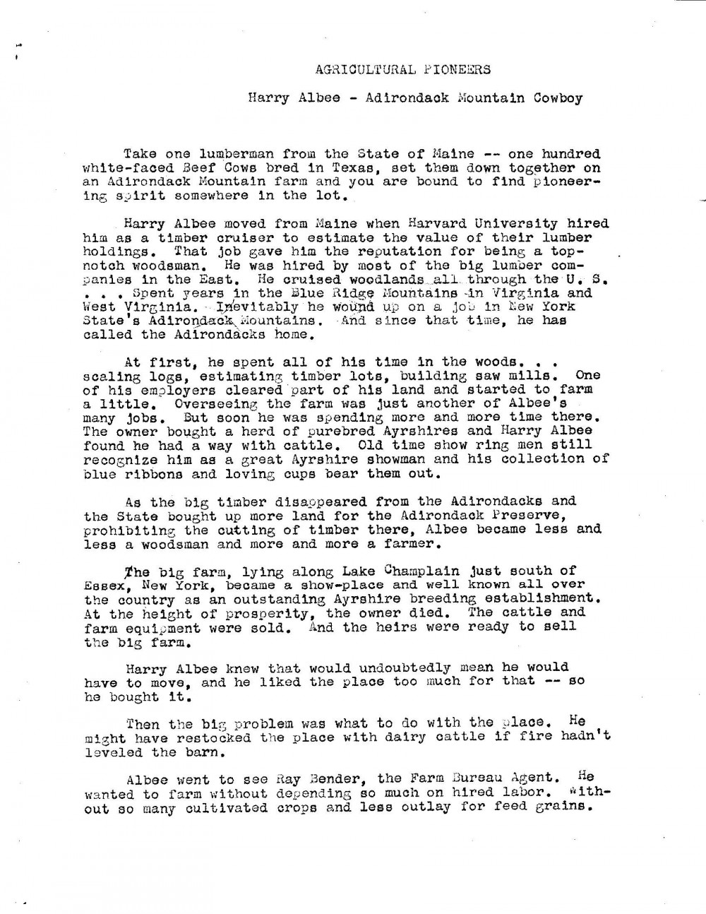 Agricultural Pioneers: Harry Albee — Adirondack Mountain Cowboy, pg.1 by Marjorie Albee (Click to read full-size)