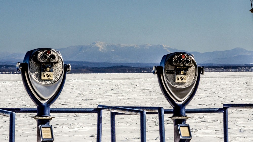 Mt. Mansfield over a frozen Lake Champlain. Taken from Port Kent Ferry Dock this morning (Monday, February 16, 2015) by Michael Kedmenec. "I can't recall this portion of the lake being frozen over before!"