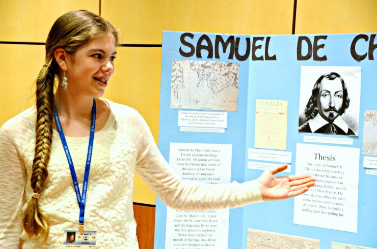 Lorelei Leerkes, from St. Mary’s School in Ticonderoga, talks with judges about her History Day exhibit on Samuel de Champlain at North Country History Day, held Saturday, March 5. Dozens of students from Clinton, Essex, Franklin, Hamilton, St. Lawrence, and Warren counties participated in North Country History Day, held at Fort Ticonderoga.